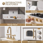 ROBUD wooden play kitchen with interactive range hood, rotating stove knobs, realistic faucet and opening microwave