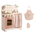 ROBUD Rustic Wooden Kids Play Kitchen Set with matching apron, oven, sink, cookware, utensils and checked fabric curtains