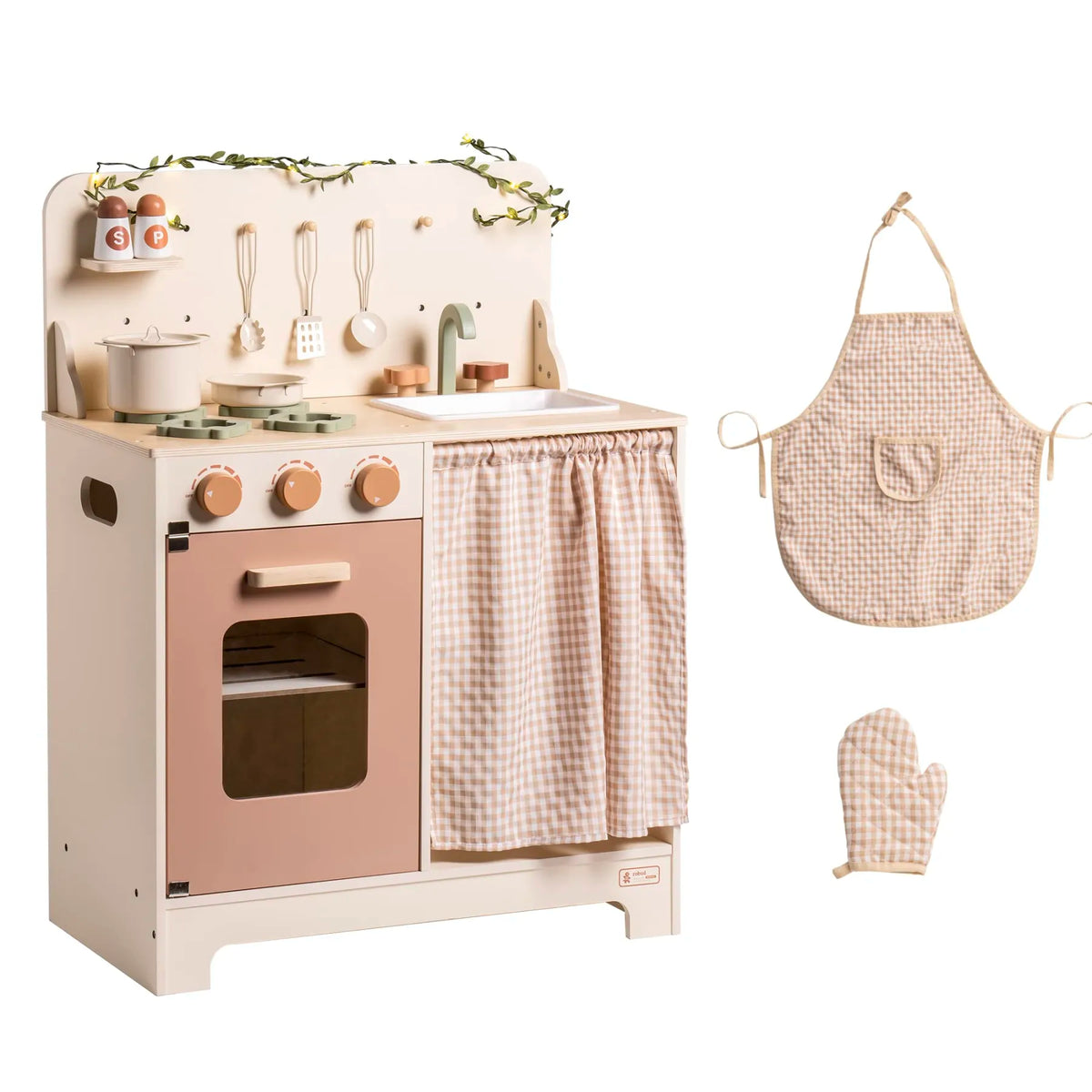 ROBUD Rustic Wooden Kids Play Kitchen Set with matching apron, oven, sink, cookware, utensils and checked fabric curtains