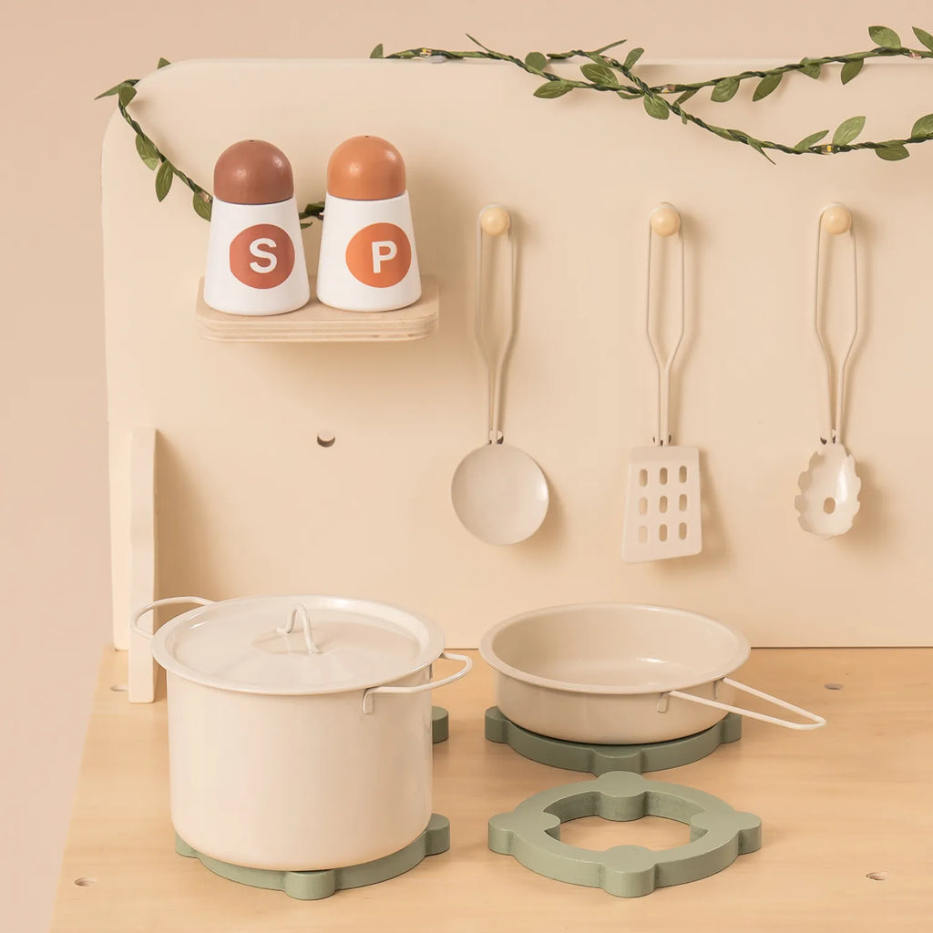 ROBUD Rustic Wooden Kids Play Kitchen with pretend cooking pots, frying pan, utensils, stovetop and pegboard storage