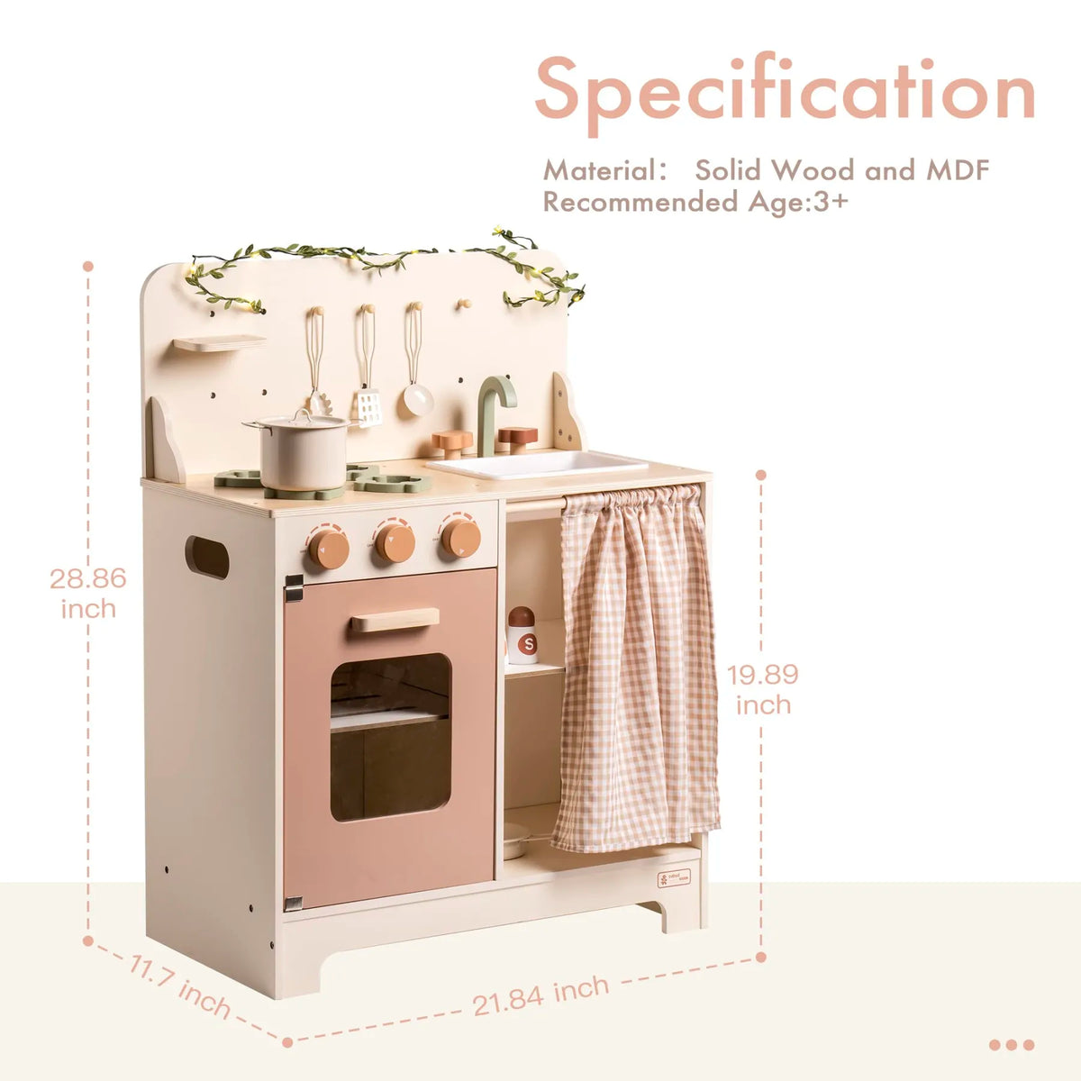 ROBUD Rustic Wooden Kids Play Kitchen WCF11 with 55.5 x 45 x 73.3 cm dimensions and solid wood construction