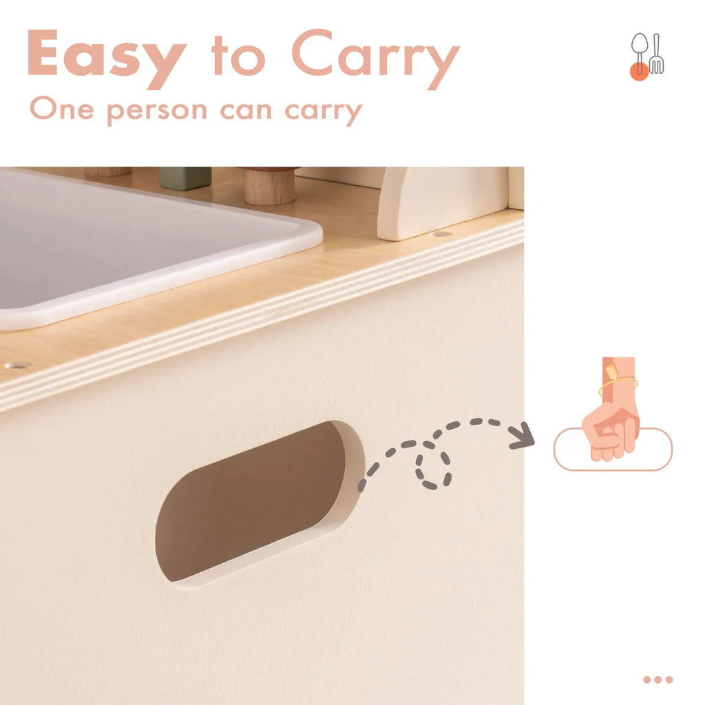 ROBUD Rustic Wooden Kids Play Kitchen with built-in side handle for convenient carrying and easy repositioning