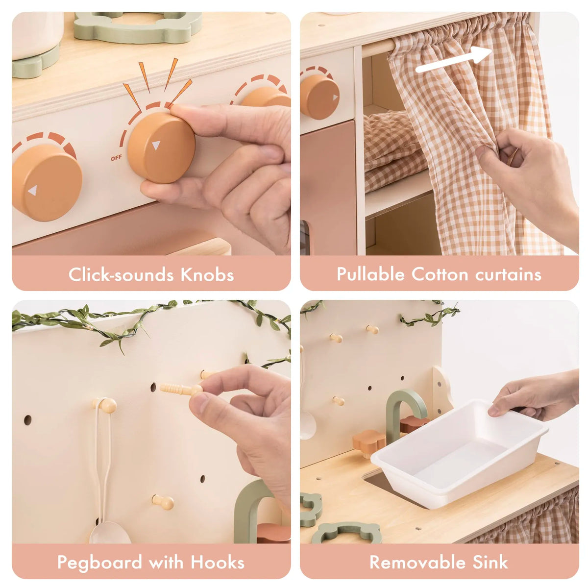 ROBUD Rustic Wooden Kids Play Kitchen with click-sound knobs, pullable cotton curtains, pegboard hooks and removable sink