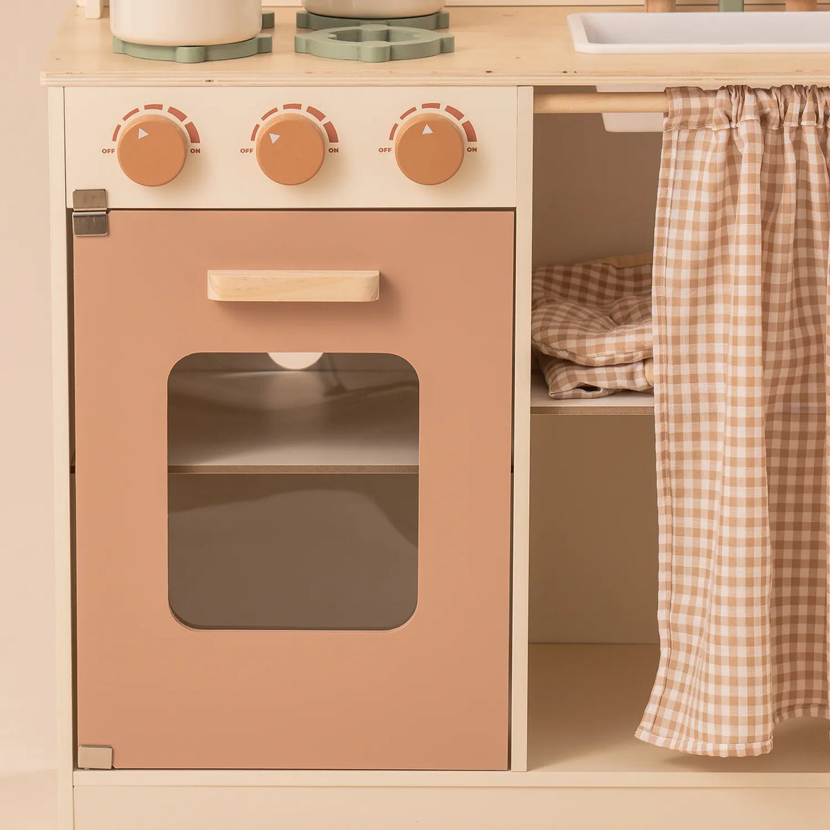 ROBUD Rustic Wooden Kids Play Kitchen with opening oven door, rotating knobs and spacious storage area with fabric curtain