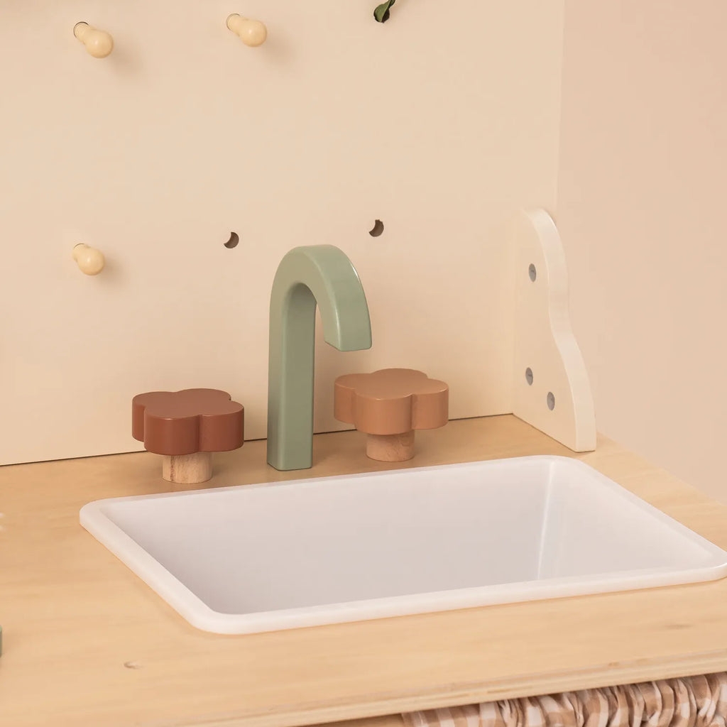 ROBUD Rustic Wooden Kids Play Kitchen with removable sink, curved faucet, pegboard hooks and pretend washing area
