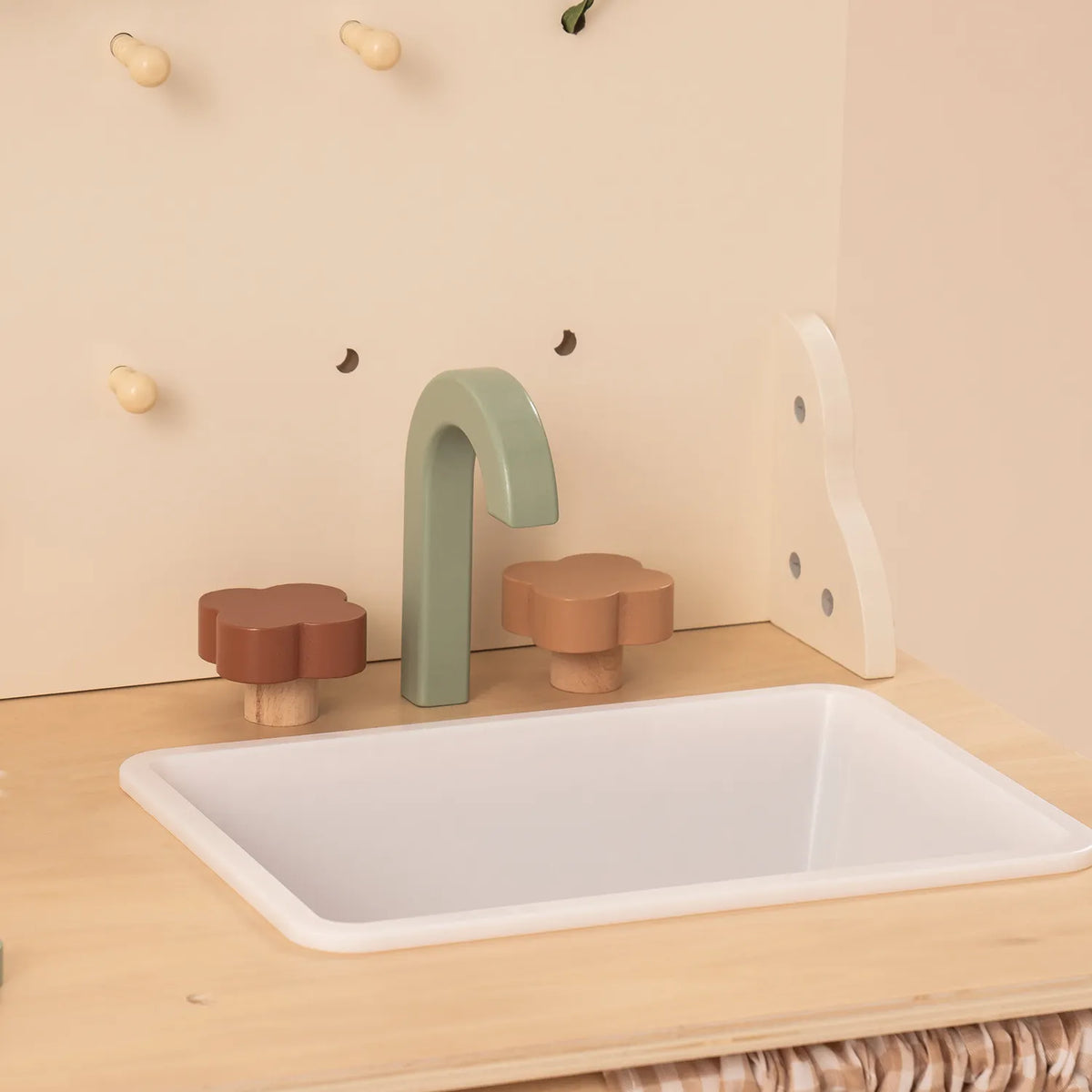 ROBUD Rustic Wooden Kids Play Kitchen with removable sink, curved faucet, pegboard hooks and pretend washing area