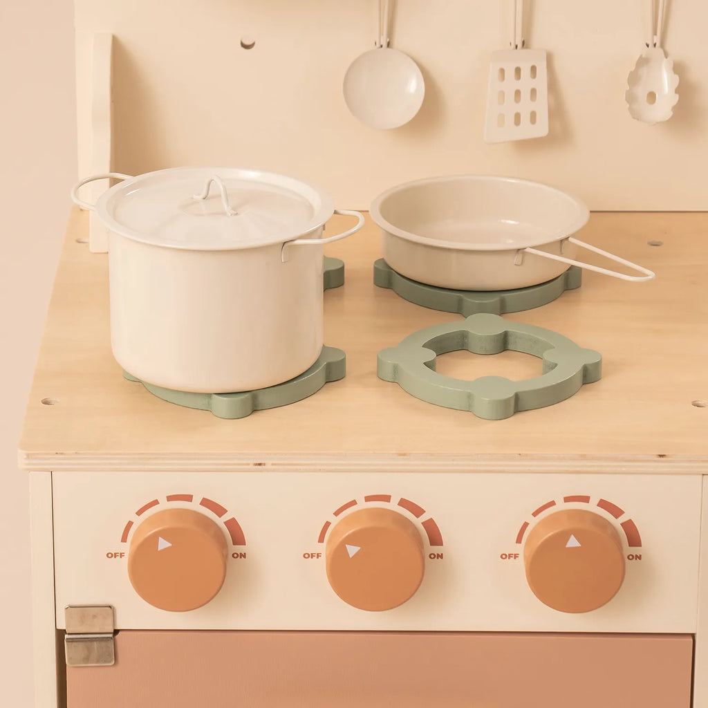 ROBUD Rustic Wooden Kids Play Kitchen close-up showing three rotating stovetop knobs, cookware and wooden cooking accessories