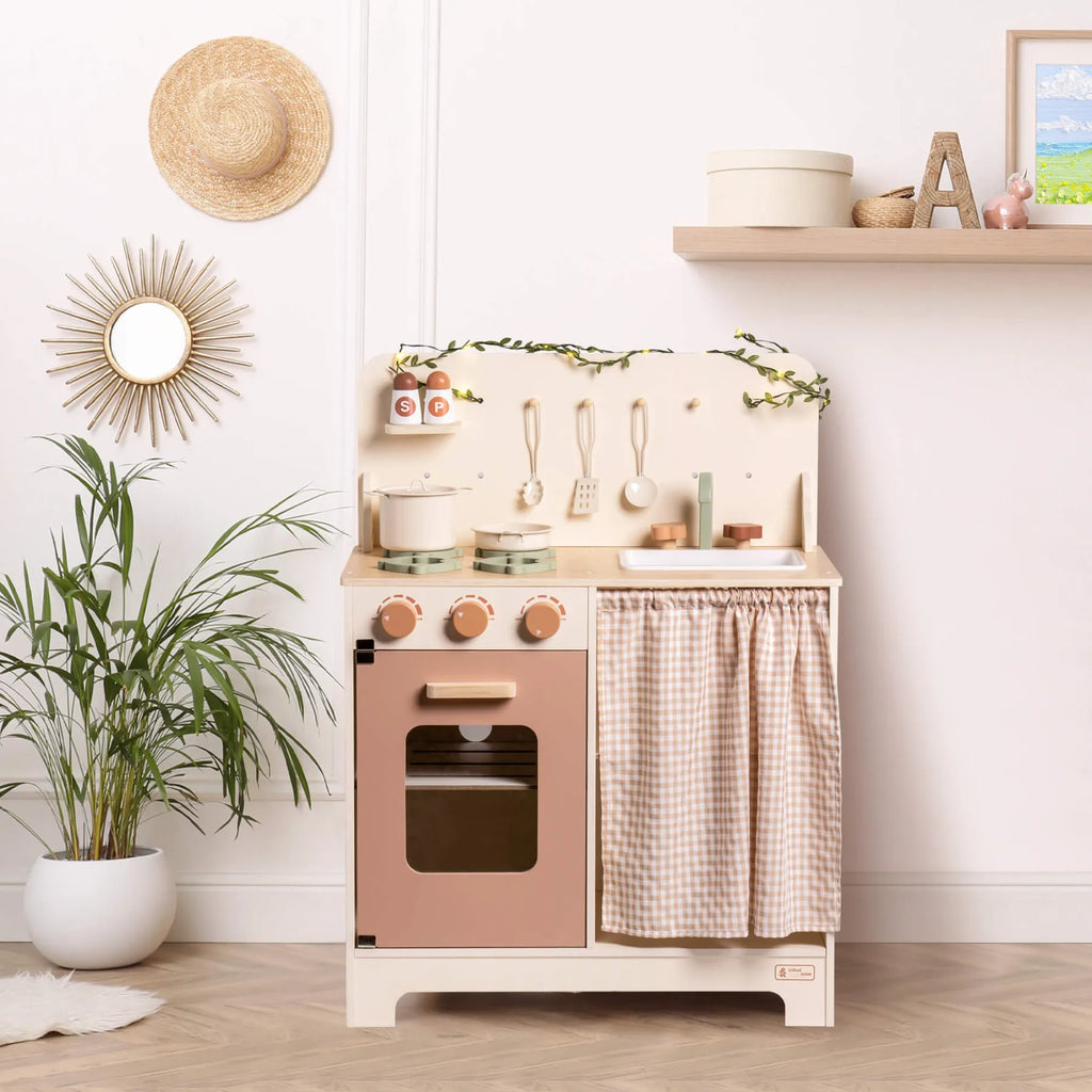ROBUD Rustic Wooden Kids Play Kitchen Set with stovetop, oven, sink, storage area and leaf light string