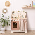 ROBUD Rustic Wooden Kids Play Kitchen Set with stovetop, oven, sink, storage area and leaf light string