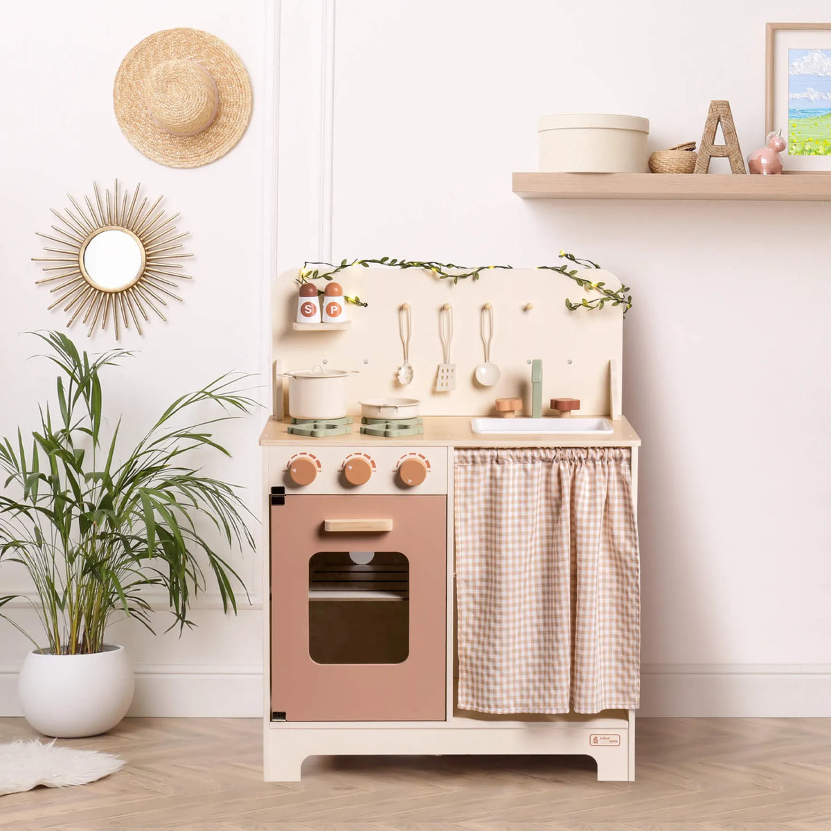 ROBUD Rustic Wooden Kids Play Kitchen Set with stovetop, oven, sink, storage area and leaf light string