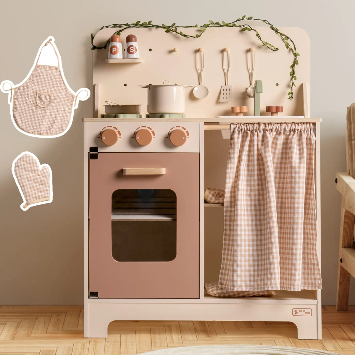 ROBUD Rustic Wooden Kids Play Kitchen with checked fabric curtains, hanging utensils, cookware and leaf light string