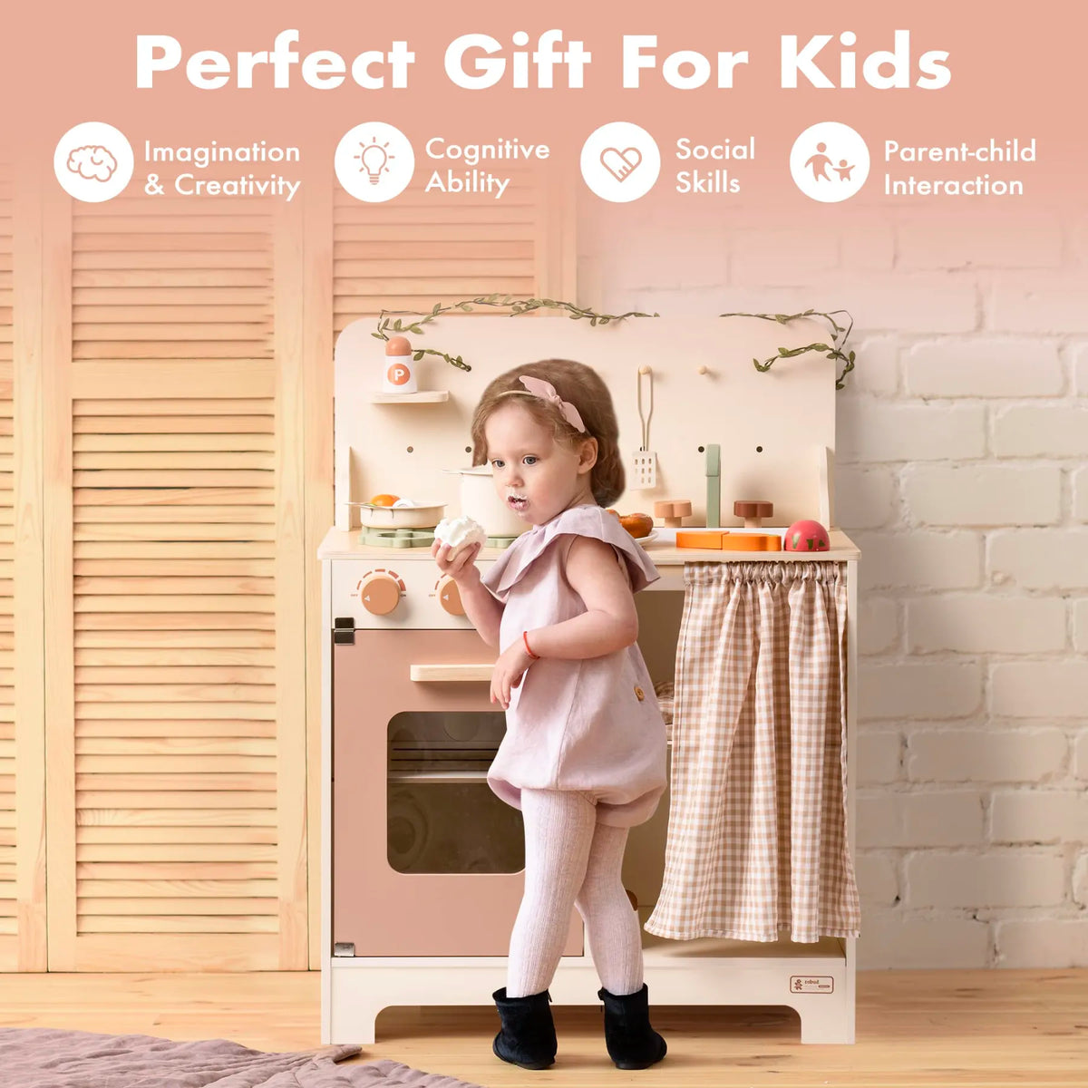 ROBUD Rustic Wooden Kids Play Kitchen being used by a child for imaginative cooking and creative pretend play