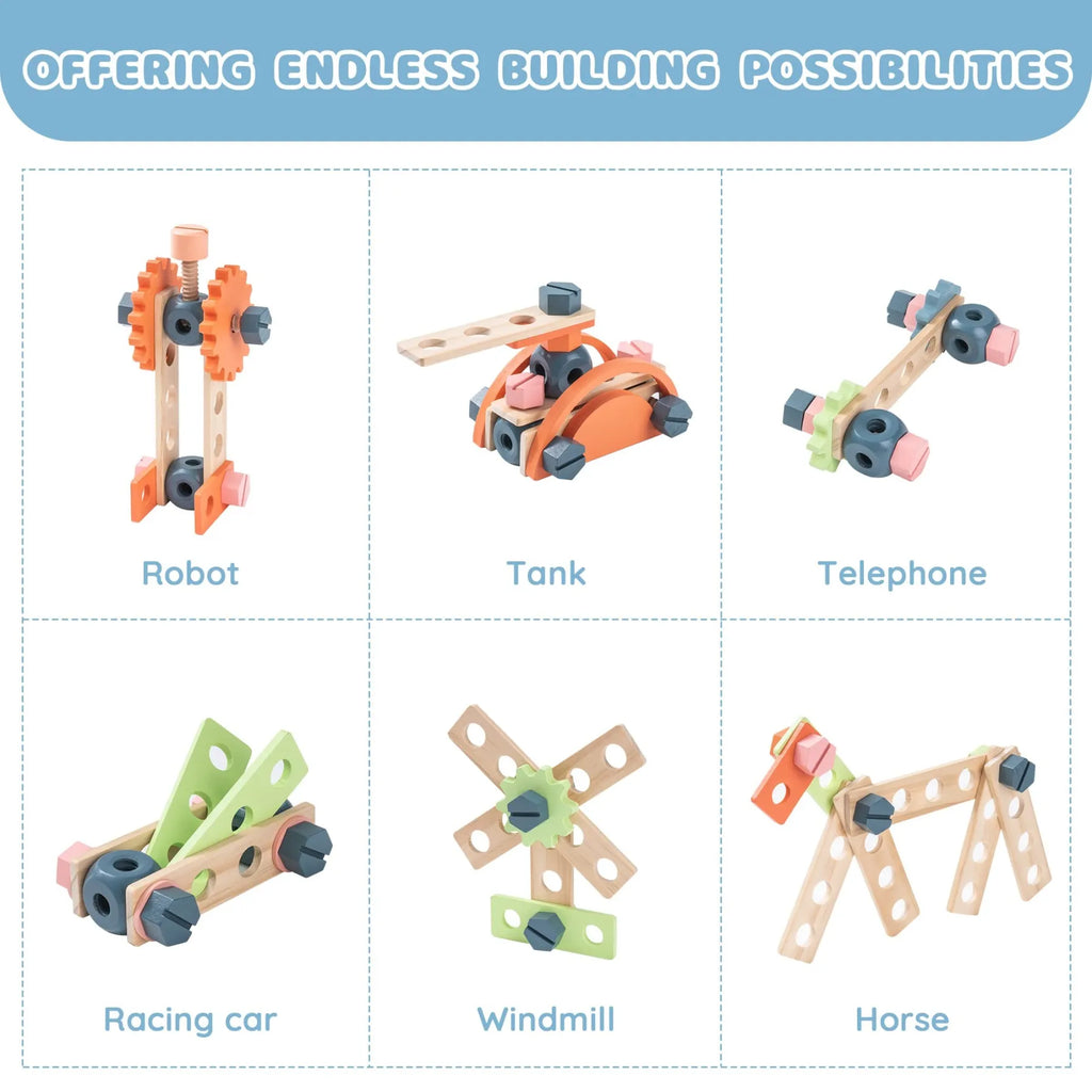 ROBUD Toy Workbench with wooden construction pieces for building a robot, tank, telephone, racing car, windmill and horse