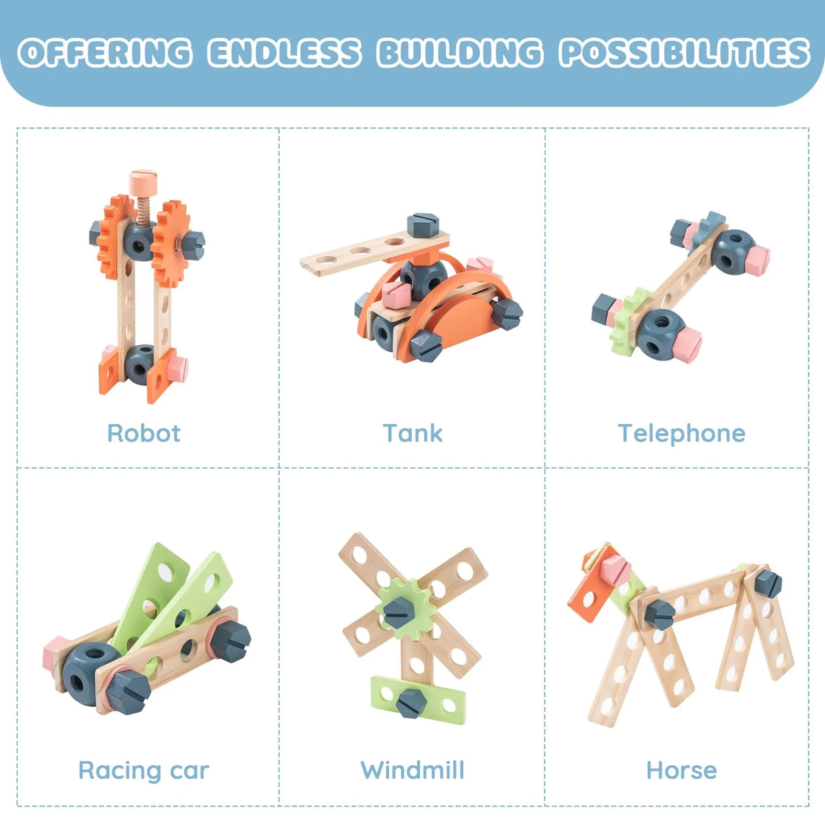 ROBUD Toy Workbench with wooden construction pieces for building a robot, tank, telephone, racing car, windmill and horse