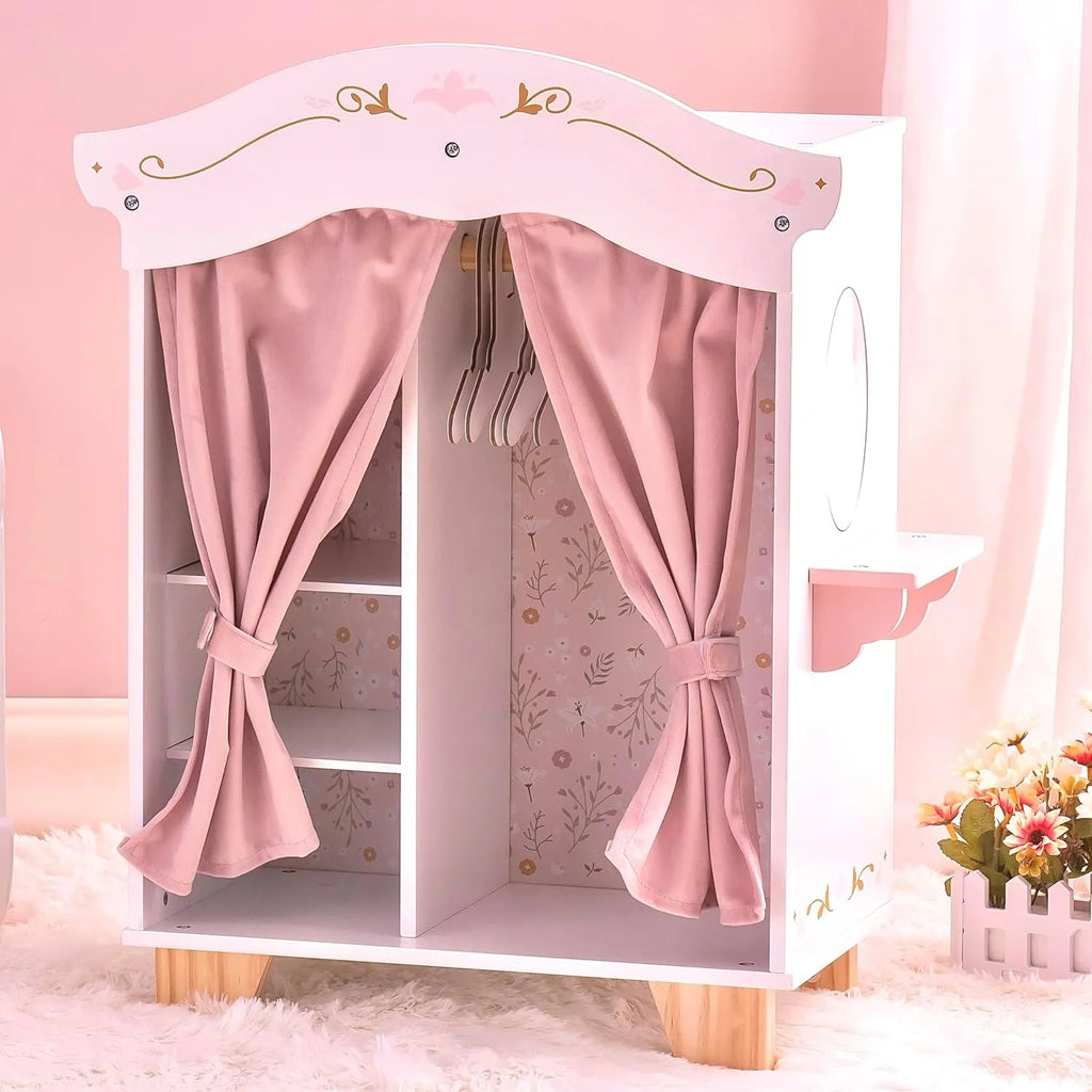 ROBUD Vikki's Wardrobe wooden doll closet with pink curtains, floral interior, five hangers and side vanity mirror
