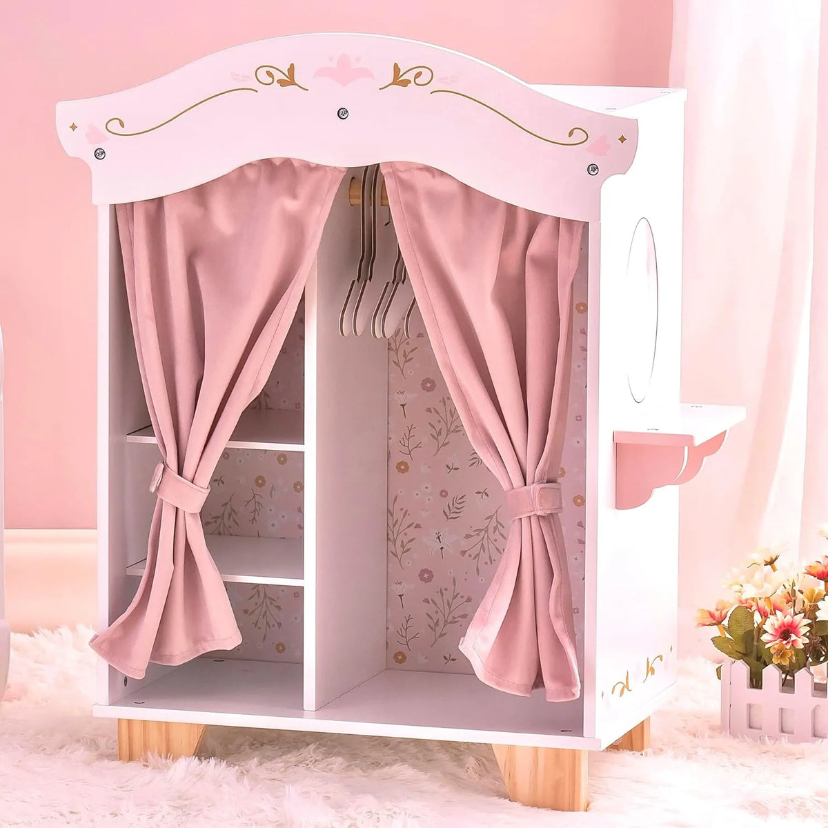 ROBUD Vikki's Wardrobe wooden doll closet with pink curtains, floral interior, five hangers and side vanity mirror
