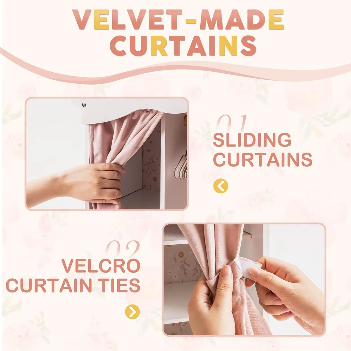 ROBUD Vikki's Wardrobe doll closet with soft velvet curtains, sliding curtain design and Velcro curtain ties
