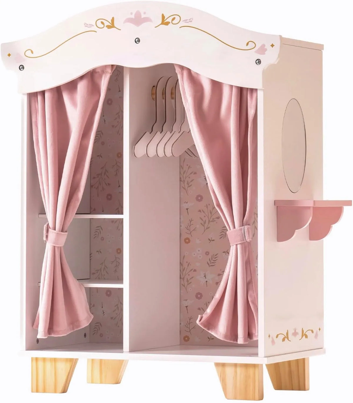 ROBUD Vikki's Wardrobe wooden doll furniture with five hangers, storage shelves, pink curtains and decorative floral interior