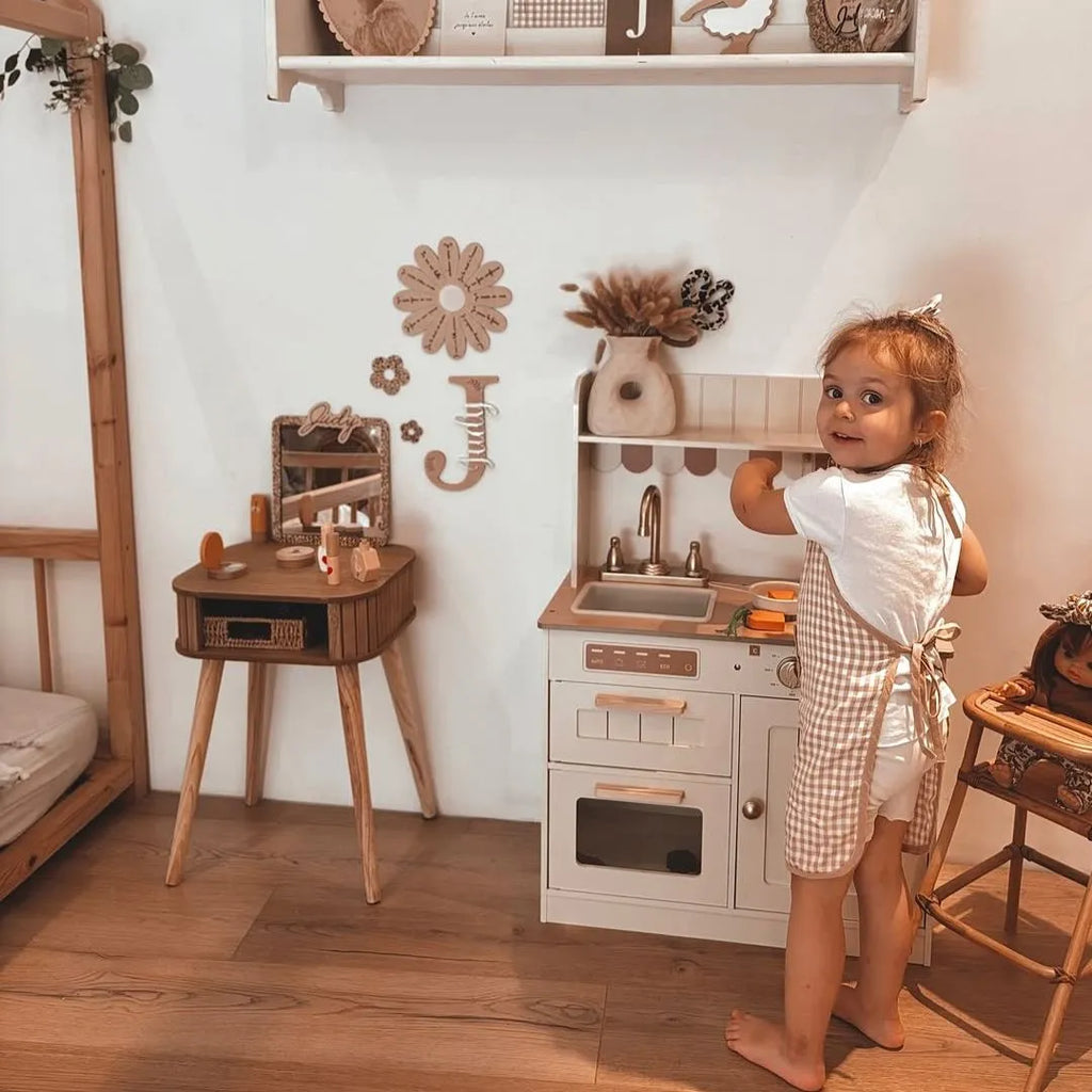 ROBUD WCF09 Olivia Caramel Wooden Kids Play Kitchen Set with pretend cooking accessories, farmhouse sink, stove, oven and storage