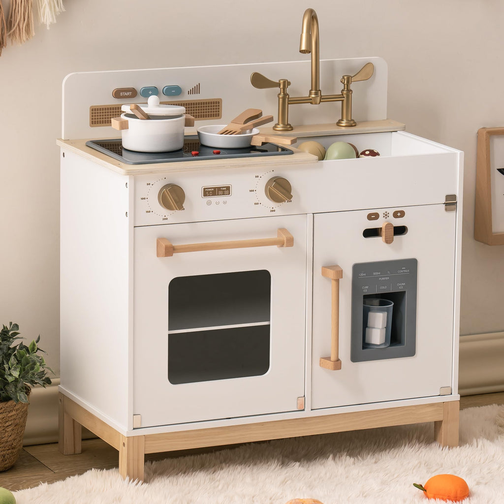 ROBUD WCF17 Montessori Wooden Play Kitchen with stovetop, oven, sink, ice dispenser and storage
