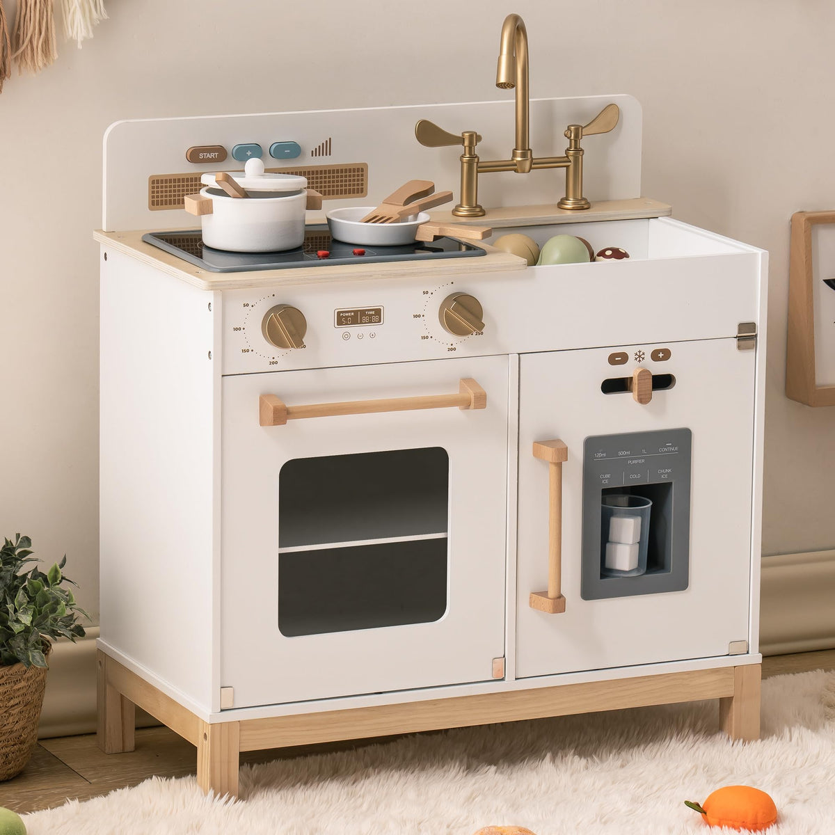 ROBUD WCF17 Montessori Wooden Play Kitchen with stovetop, oven, sink, ice dispenser and storage