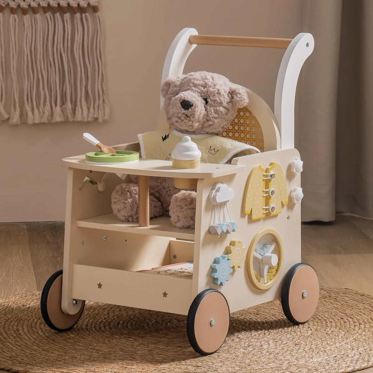 ROBUD Wooden Baby Push Walker Rattan with activity centre, doll stroller function and sturdy wooden construction