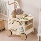 ROBUD wooden baby walker with rattan backrest, activity centre, baby doll seat and interactive play features
