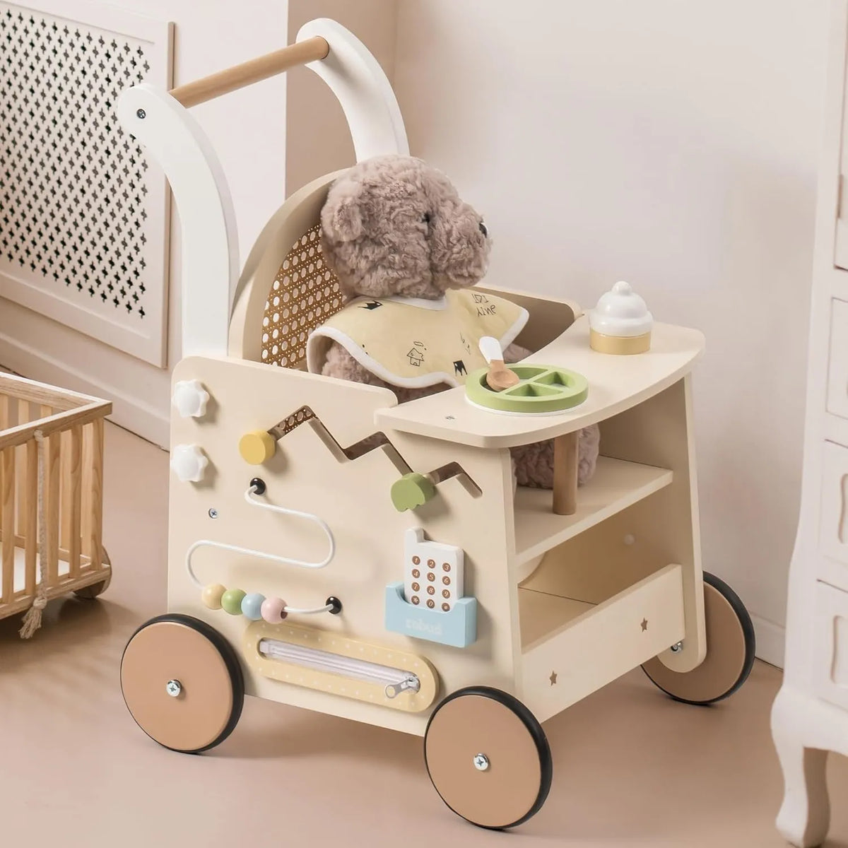 ROBUD wooden baby walker with rattan backrest, activity centre, baby doll seat and interactive play features