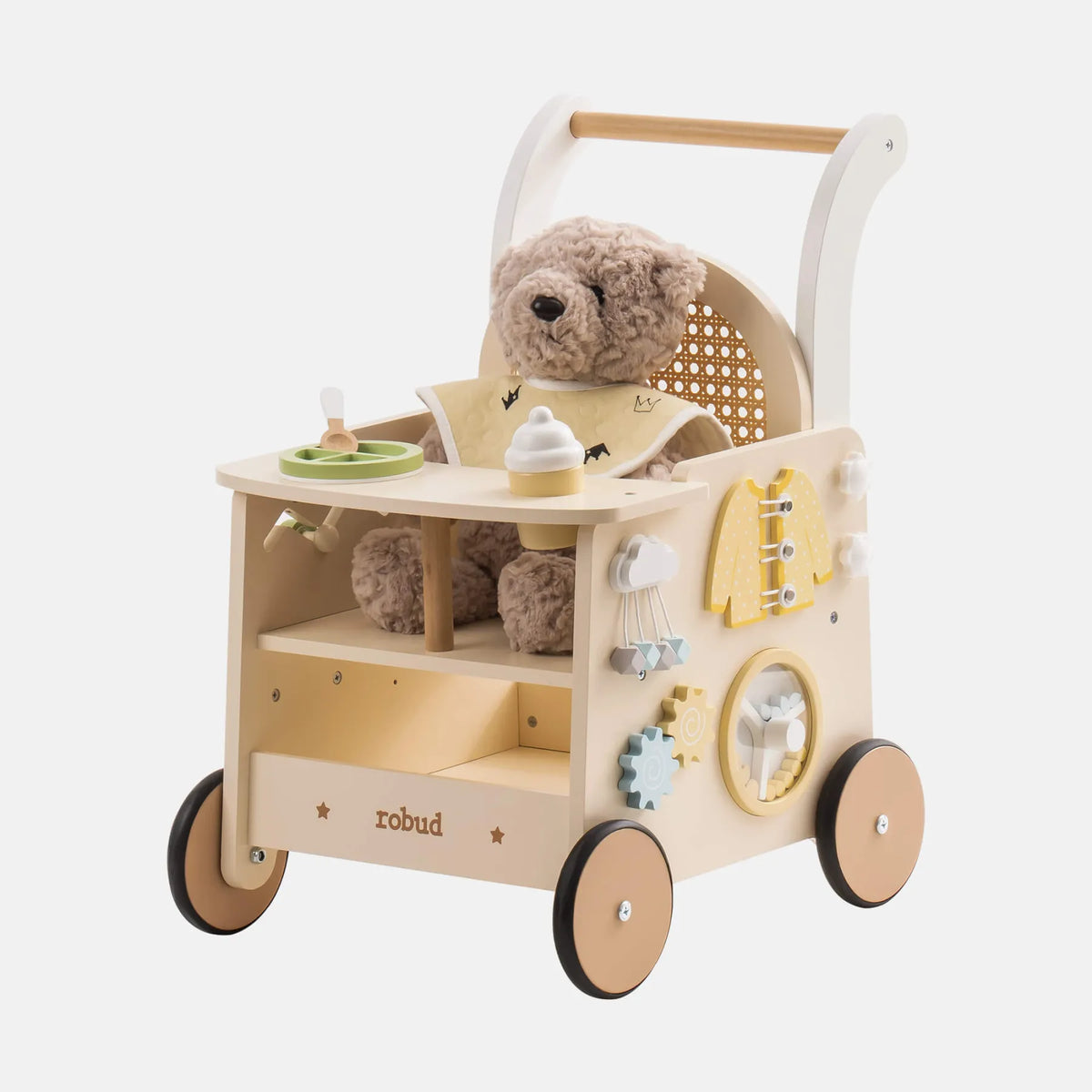 ROBUD Wooden Baby Push Walker Rattan with rounded edges, smooth finish, storage drawer and interactive wooden activities