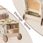 ROBUD wooden baby push walker with spacious storage shelves and rattan back panel for toys and accessories