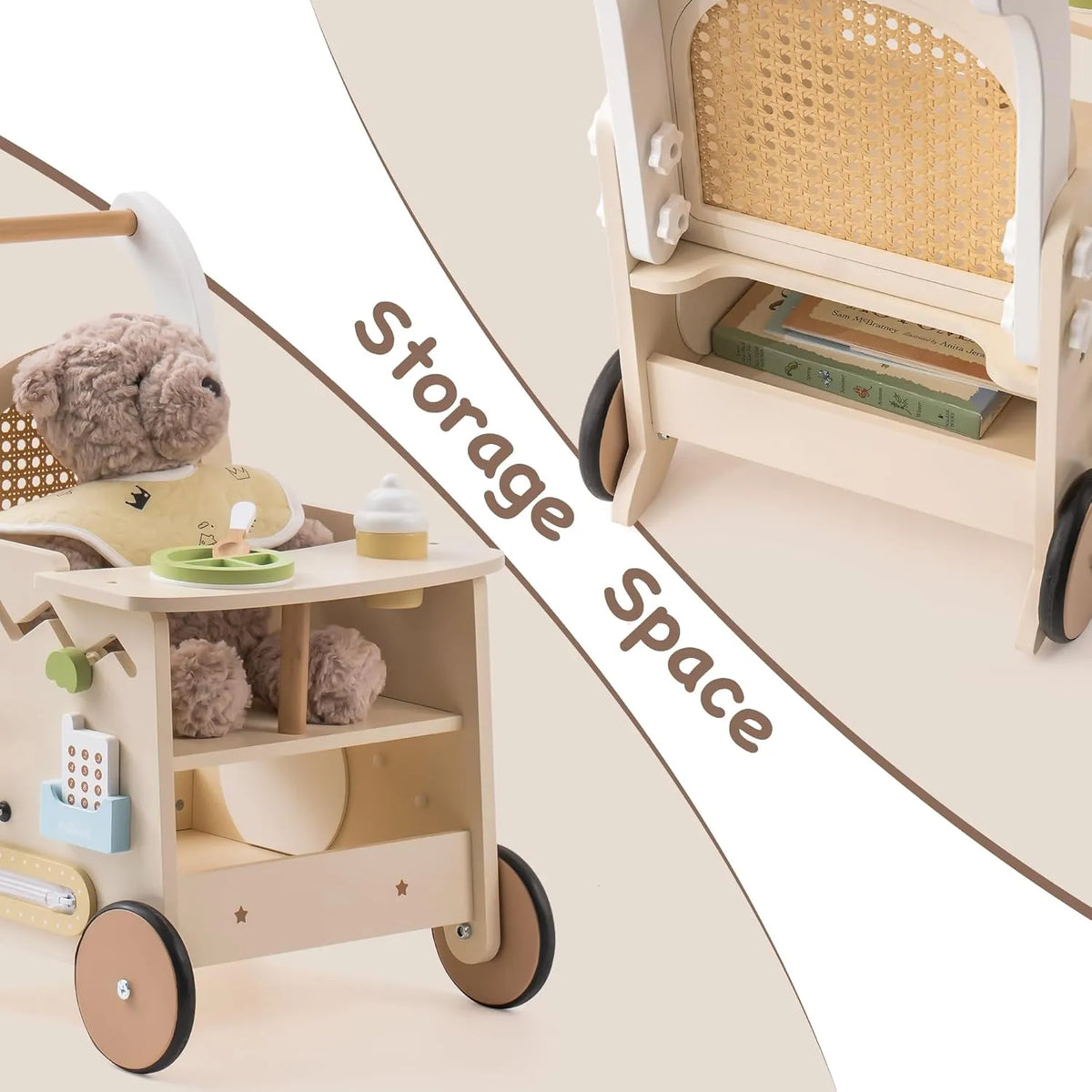 ROBUD wooden baby push walker with spacious storage shelves and rattan back panel for toys and accessories