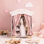 ROBUD Wooden Doll Closet Vikki's Wardrobe with five hangers, pink curtains, storage shelves and dressing area for dolls
