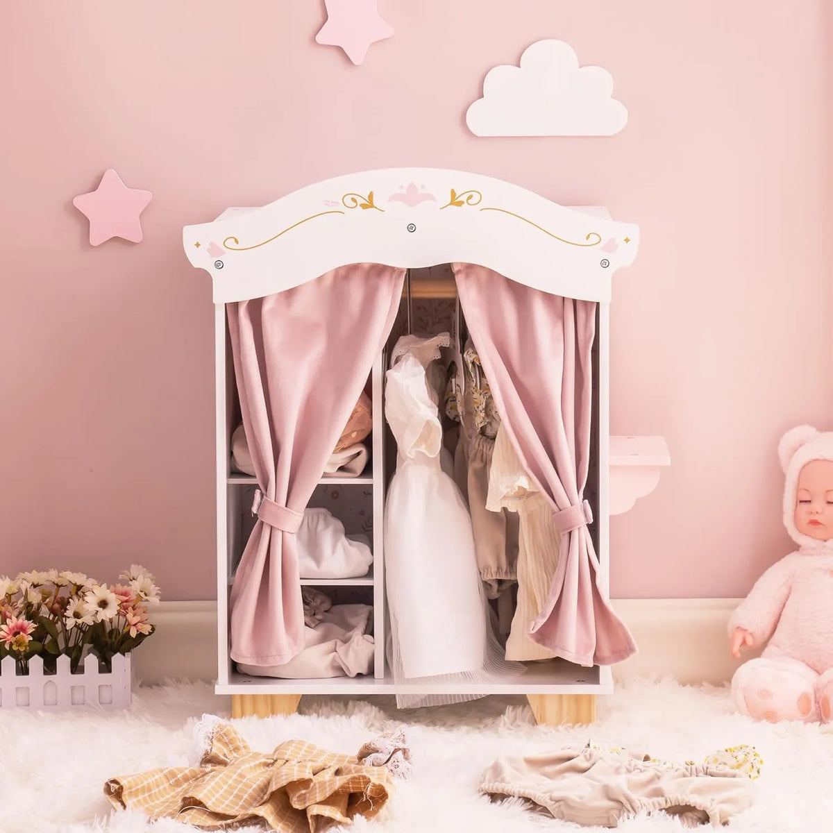 ROBUD Wooden Doll Closet Vikki's Wardrobe with five hangers, pink curtains, storage shelves and dressing area for dolls