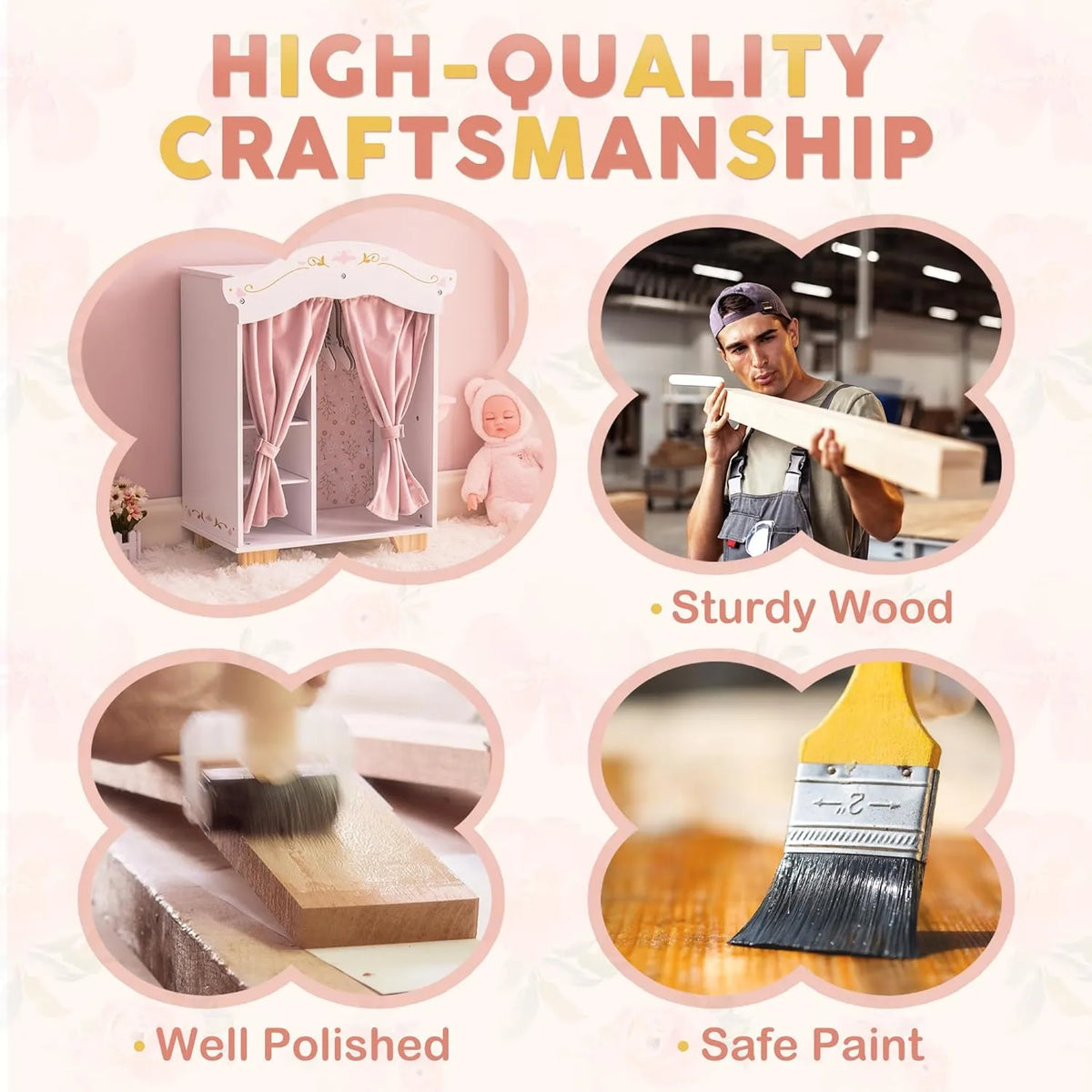 ROBUD Wooden Doll Closet with sturdy wood construction, smooth polished surfaces and non-toxic paint finish