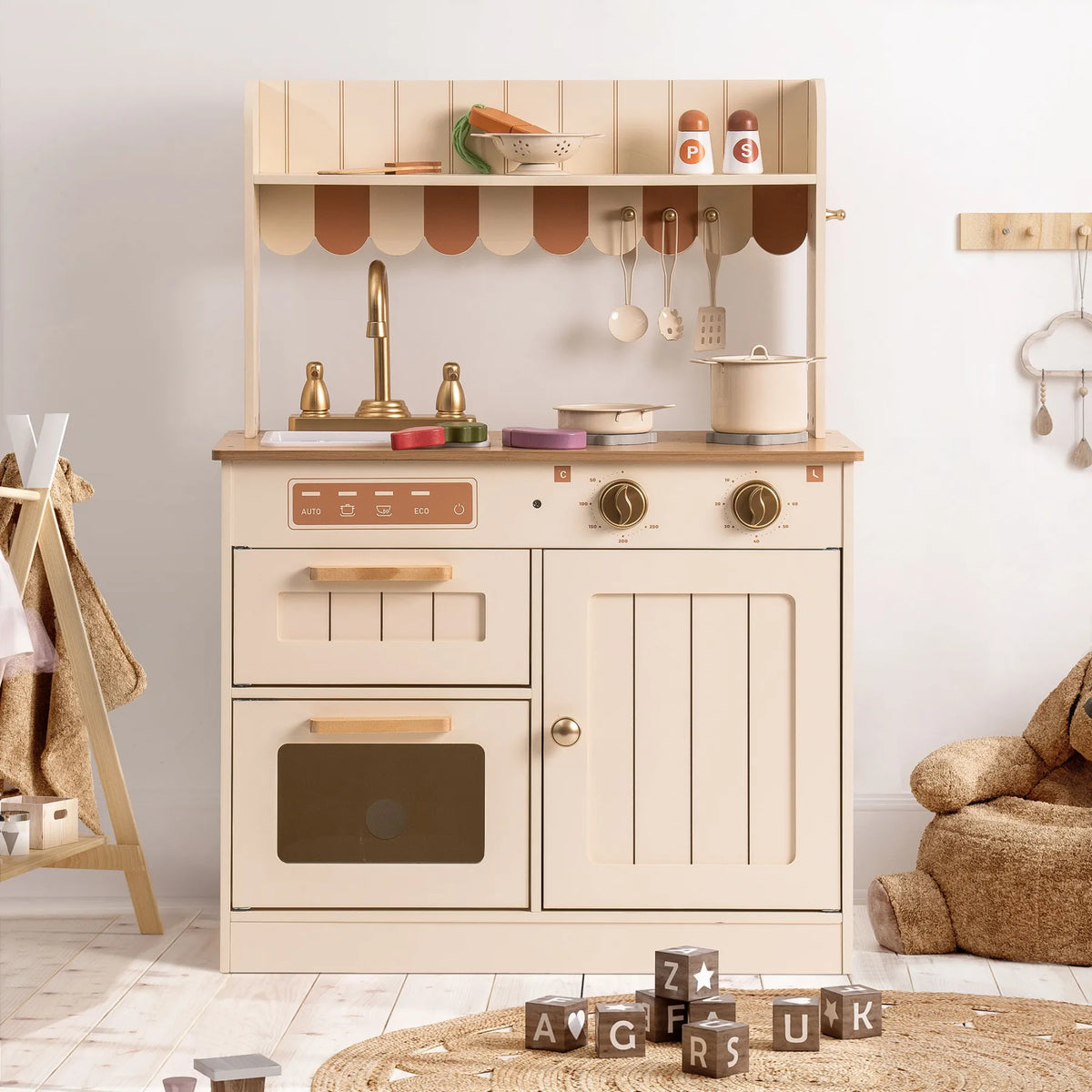 ROBUD Wooden Kids Play Kitchen Set Olivia Caramel with farmhouse sink, stove, oven, storage cabinet and kitchen accessories