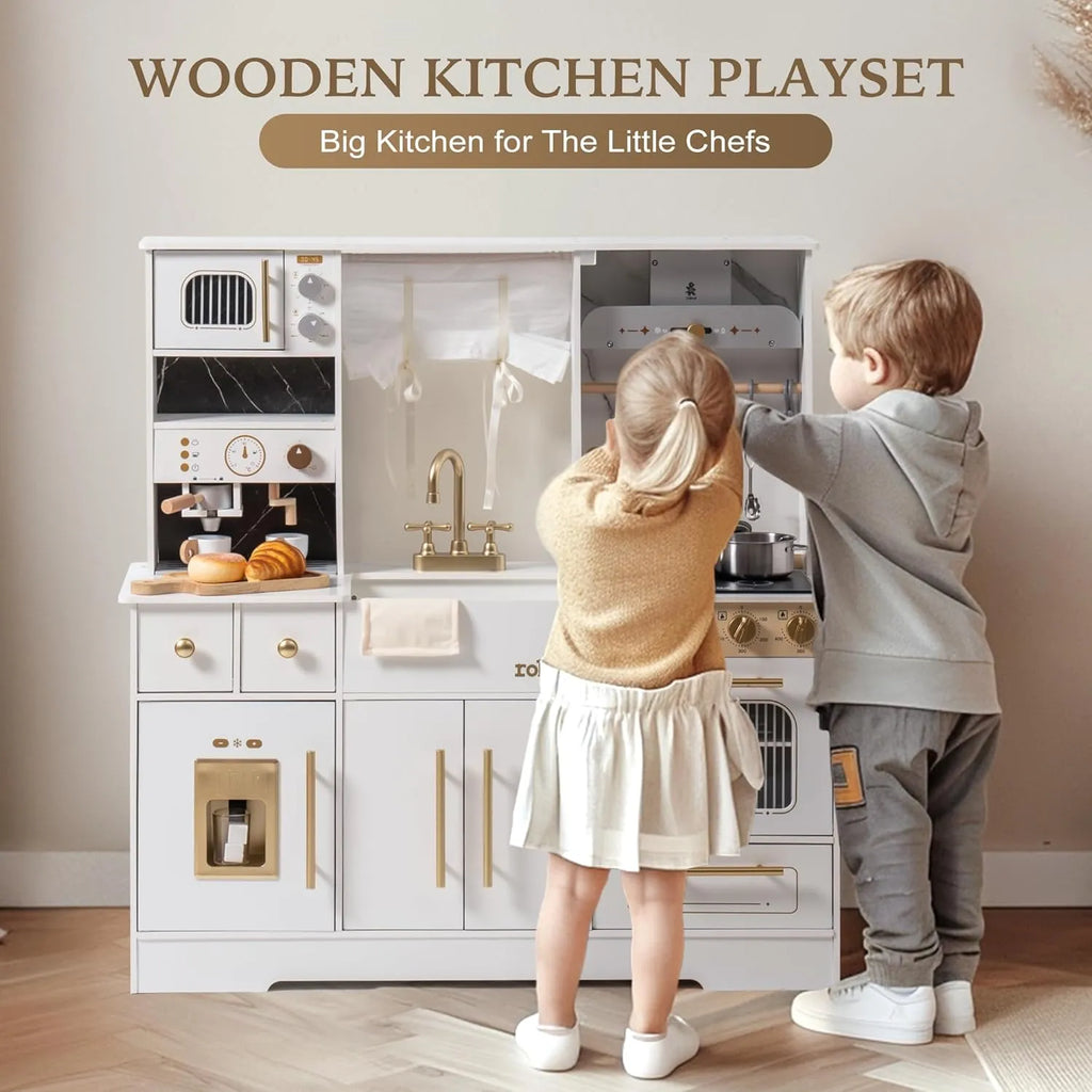 ROBUD wooden play kitchen for children with two kids enjoying pretend cooking and interactive kitchen features