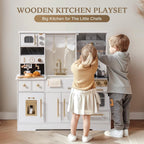 ROBUD wooden play kitchen for children with two kids enjoying pretend cooking and interactive kitchen features