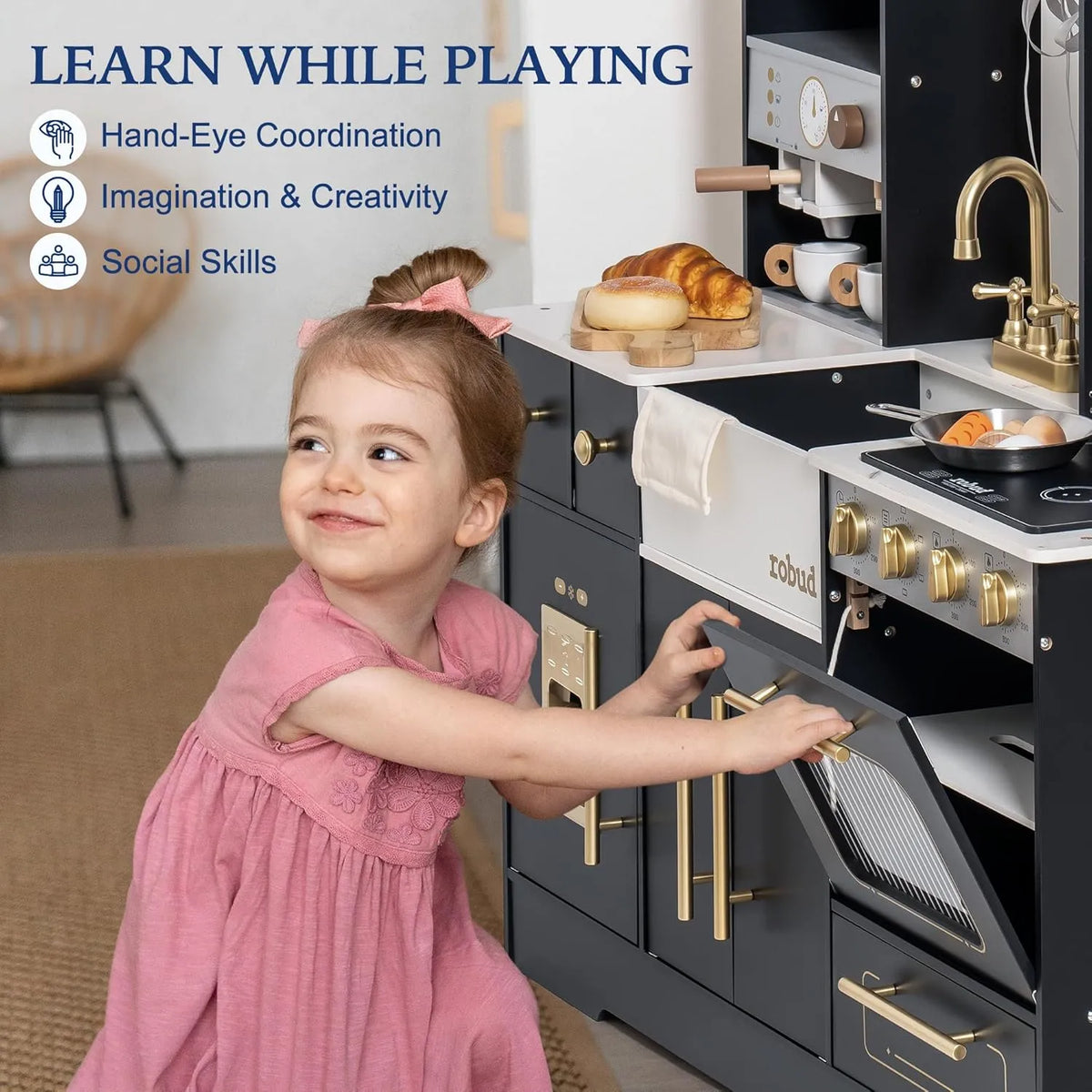 ROBUD wooden play kitchen encouraging hand-eye coordination, imagination, creativity and social skills through pretend play