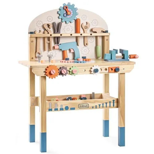 ROBUD Wooden Toy Workbench full view with organised tools, workbench, bench vise, clock and storage shelf