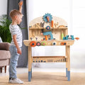 ROBUD Wooden Toy Workbench Kids Tool Set with wooden tools, tool wall, bench vise, gears and storage shelf