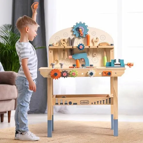 ROBUD Wooden Toy Workbench Kids Tool Set with wooden tools, tool wall, bench vise, gears and storage shelf