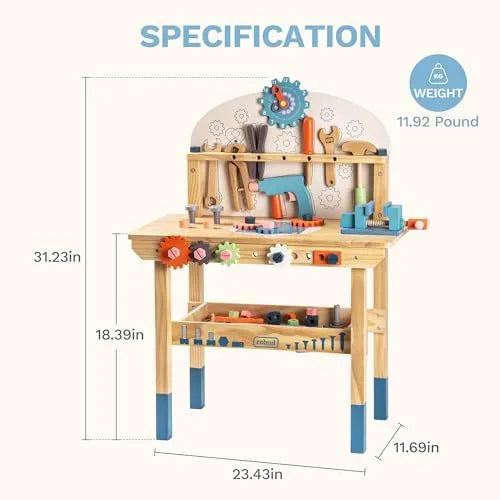 ROBUD Wooden Toy Workbench WG200 with 31.23 inch height, 23.43 inch width and 11.69 inch depth