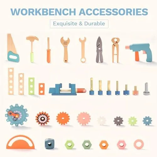 ROBUD Wooden Workbench Tool Set with toy hammer, saw, wrench, screwdriver, pliers, drill, gears, screws and building pieces