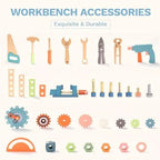 ROBUD Wooden Workbench Tool Set with toy hammer, saw, wrench, screwdriver, pliers, drill, gears, screws and building pieces