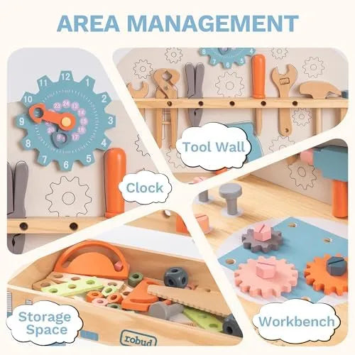 ROBUD Wooden Kids Workbench with organised tool wall, clock, workbench surface and storage space for toy tools