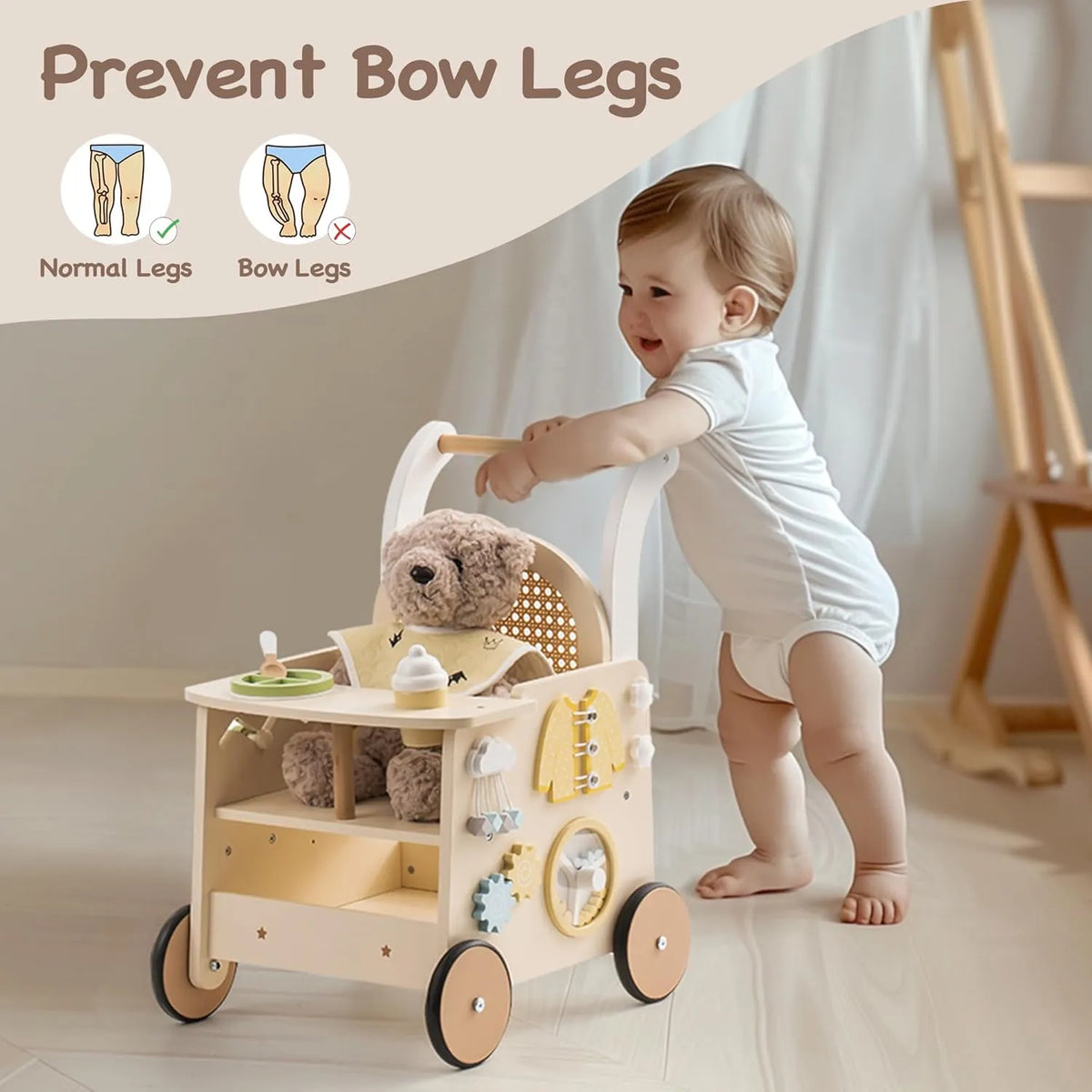 ROBUD WRP19 Wooden Baby Push Walker Rattan with interactive activity centre, storage space and doll stroller design
