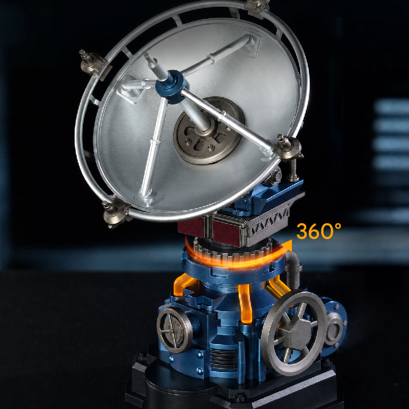 ROKR Air Radar DIY mechanical model demonstrating 360-degree radar dish rotation with illuminated orange pipes and movable base components