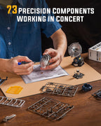 ROKR Air Radar 73-piece DIY mechanical model kit being assembled with a screwdriver, illustrated instructions and precision components