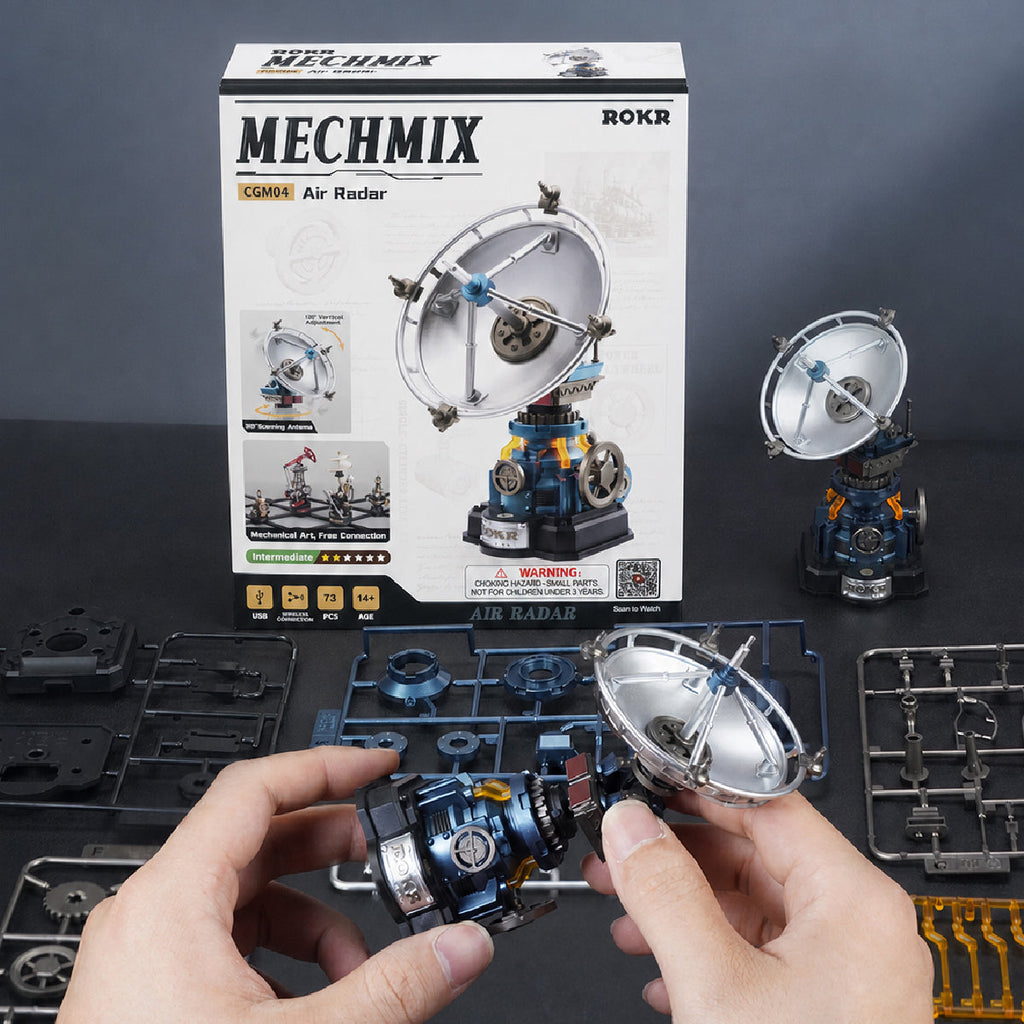 ROKR MECHMIX Air Radar CGM04 DIY mechanical model kit box displayed with the completed radar model, 73-piece set and assembly components