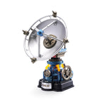 ROKR Air Radar CGM04 DIY mechanical model kit featuring a silver rotating radar dish, blue industrial base, orange illuminated pipes and steampunk details